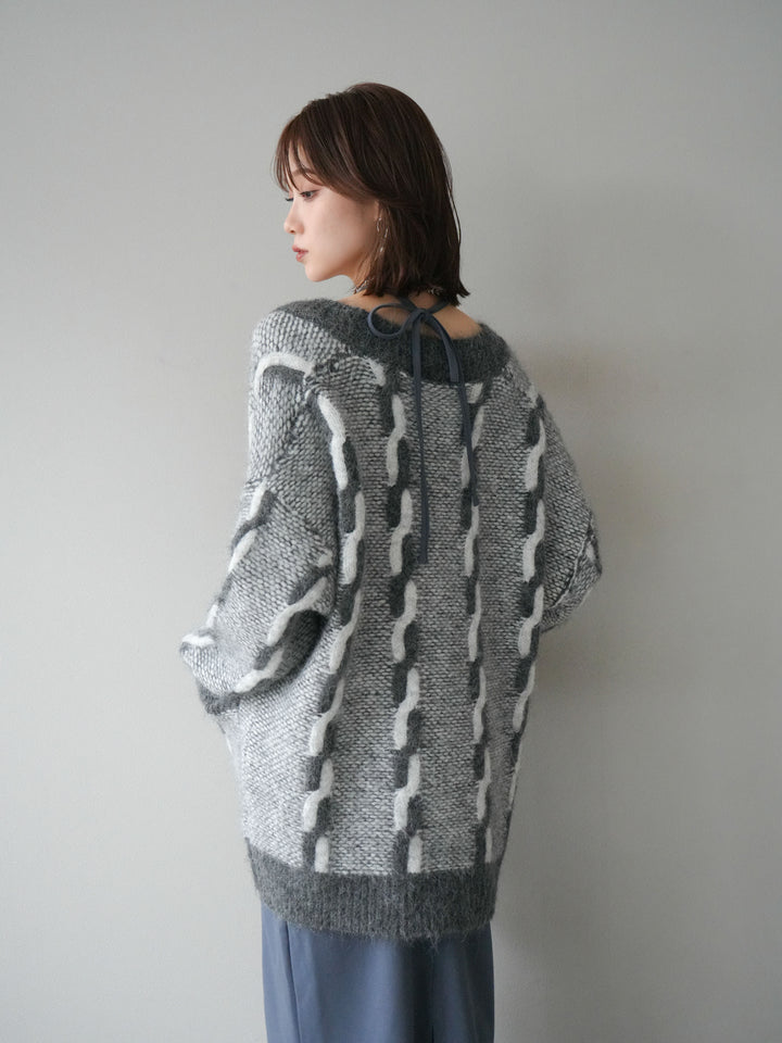 [予約]バイカラー編み込みデザインニットカーディガン/グレー