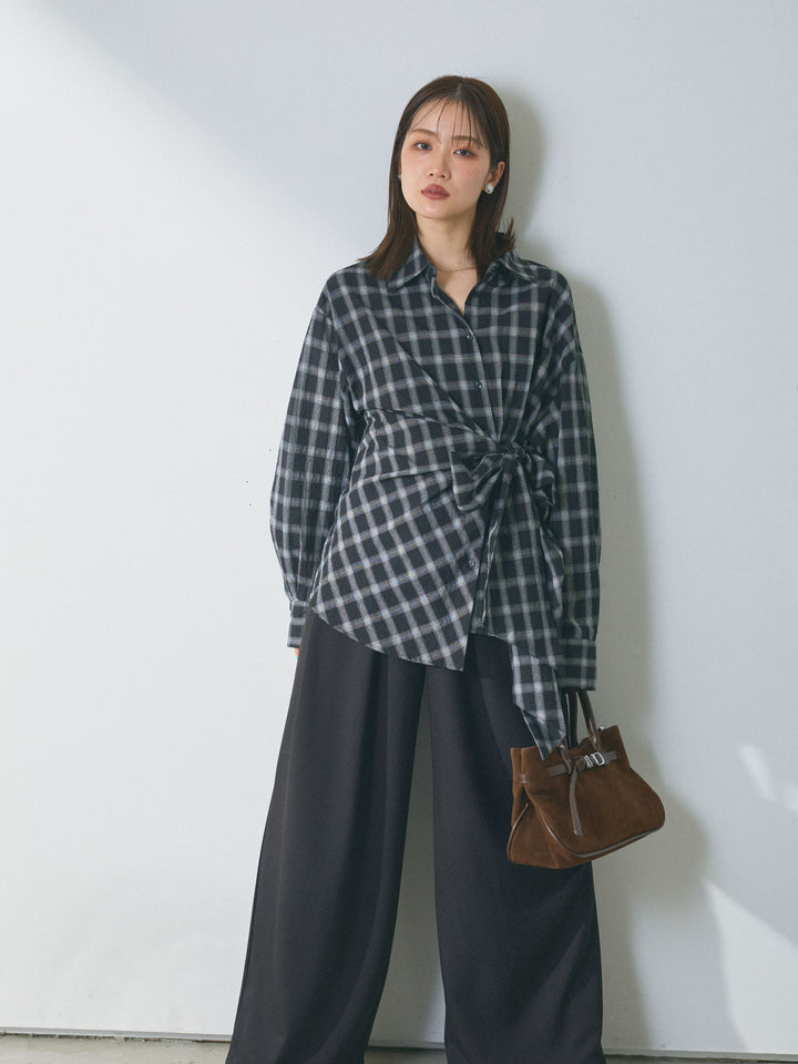 【Allure】[SET]ウエストアシメリボンシャツ+ベルトループデザインワイドパンツ(2set)