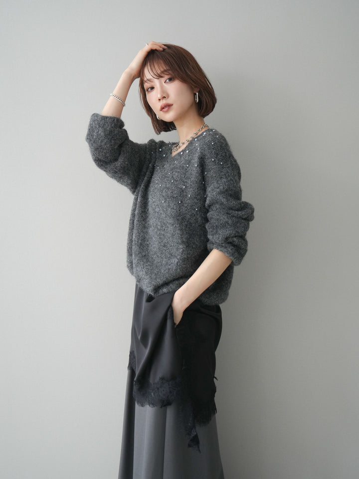 [SET]パール×ビジューVネックニットプルオーバー+アシンメトリーサテンレースキャミソール+テープベルトタックバギーパンツ(3set)