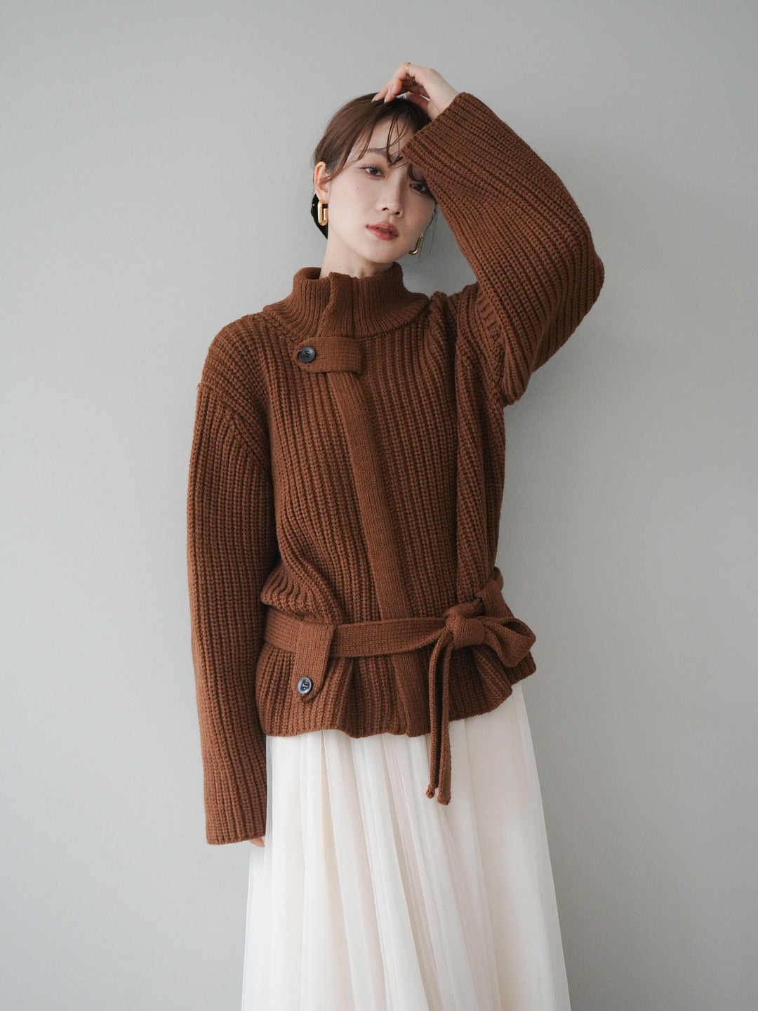 [SET]畦編みボトルネックZIPニットカーディガン+チュールボリュームスカート(2set)