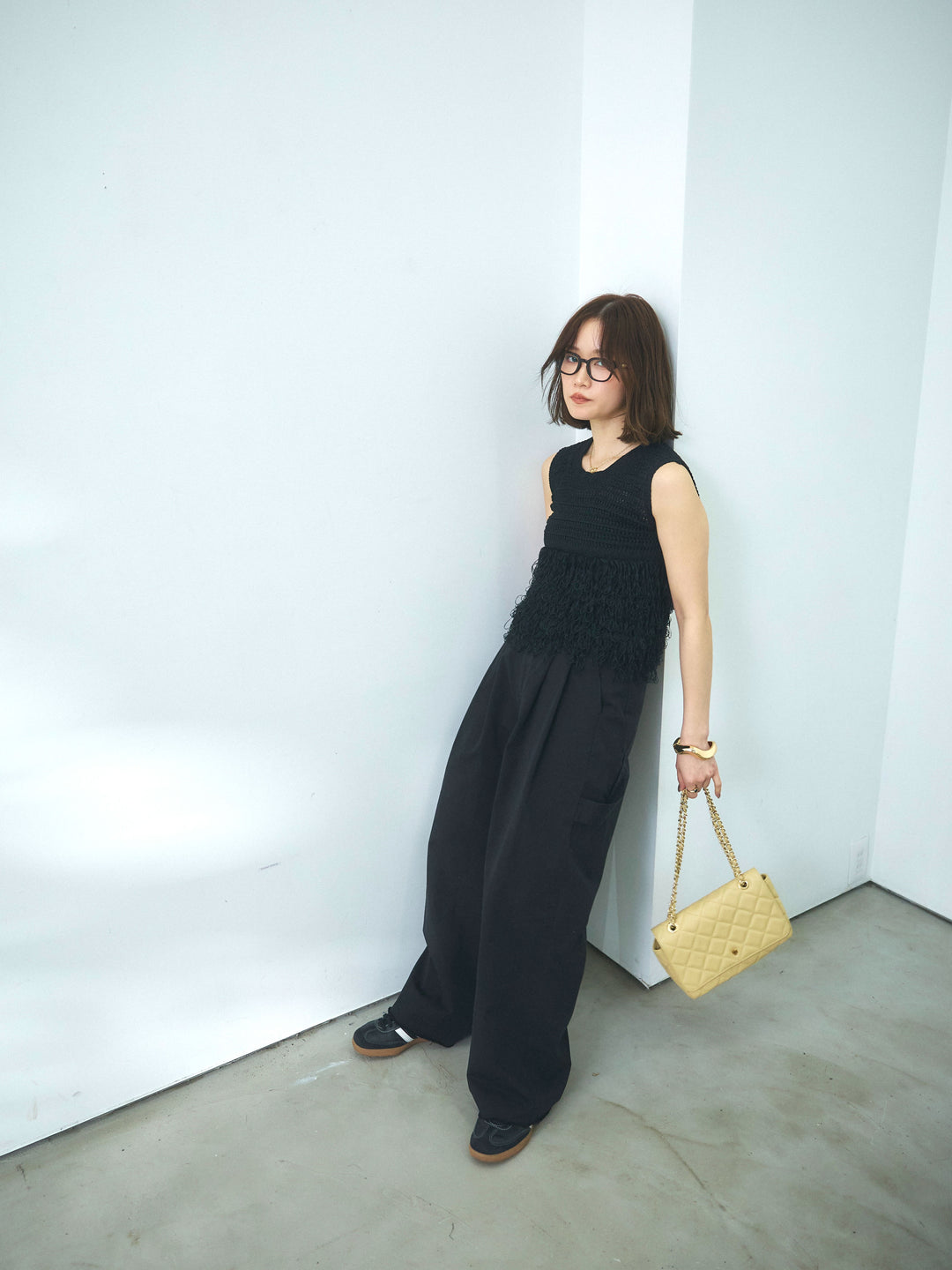 【Allure】[SET]フリンジクロップドニットベスト+カットオフコットンツイルタックワイドパンツ(2set)