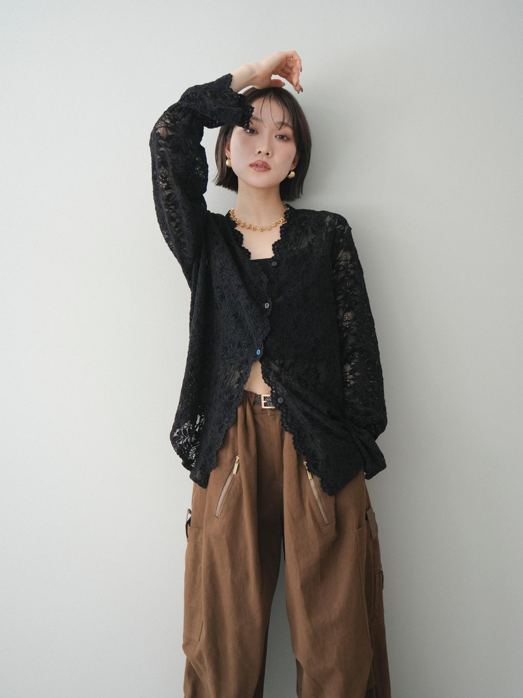 [予約]Vネックレースブラウス/black