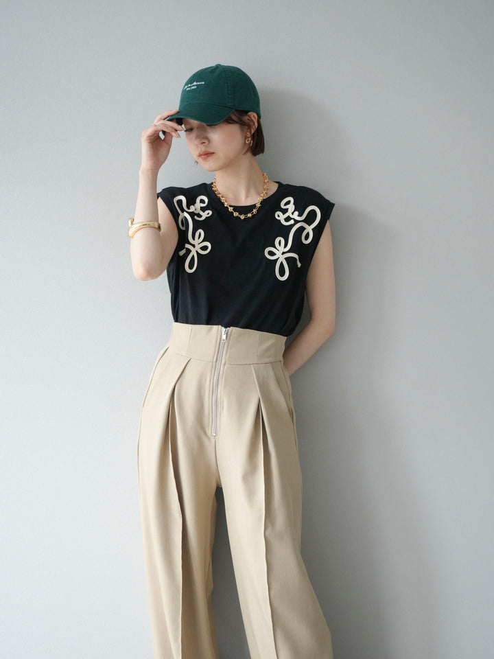 [SET]コード刺繍フレンチスリーブTシャツ+ジップタックワイドパンツ(2set)