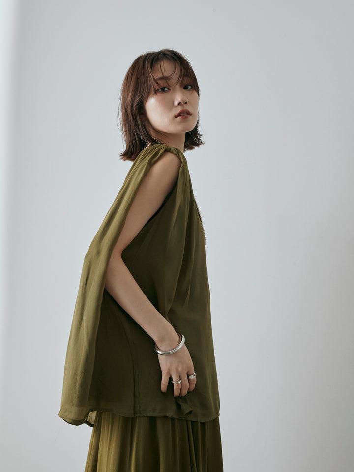 [預購] 透視褶肩襯衫/綠色
