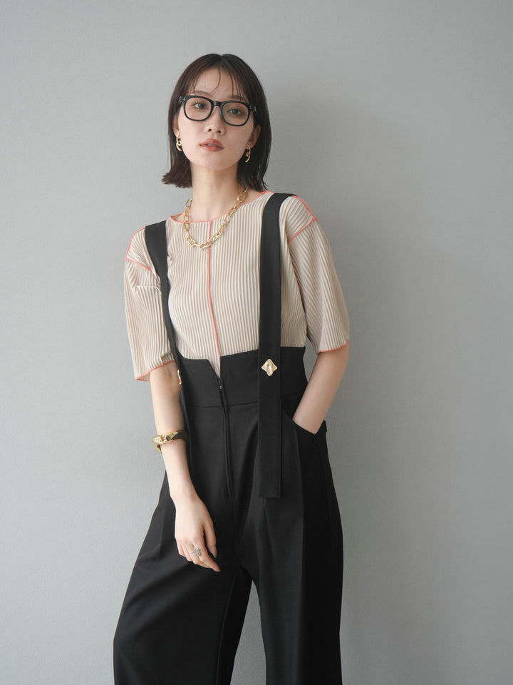 [予約]配色メロープリーツハーフスリーブトップス/ベージュ