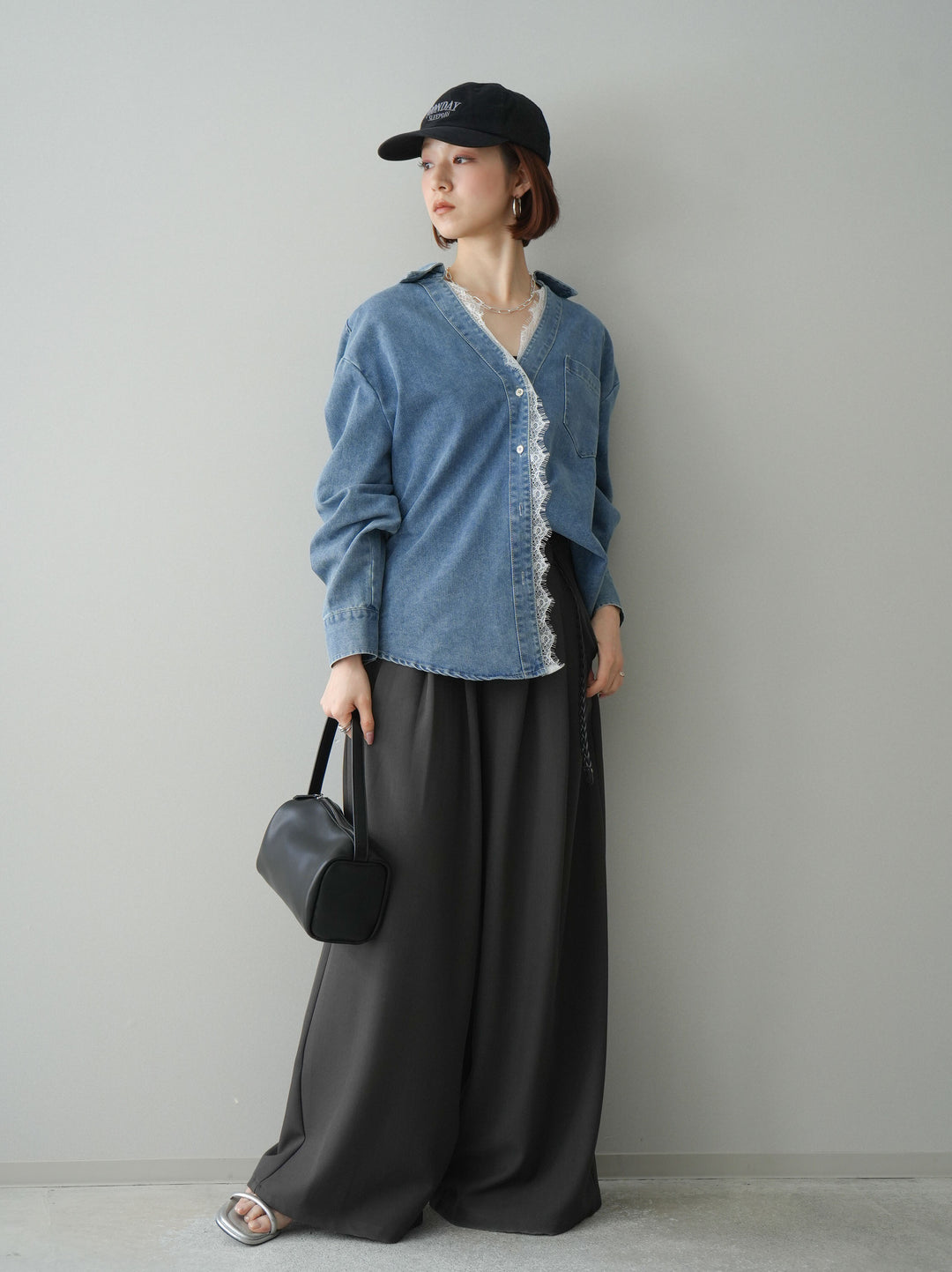 [予約]編み込みベルト付タックワイドパンツ/gray