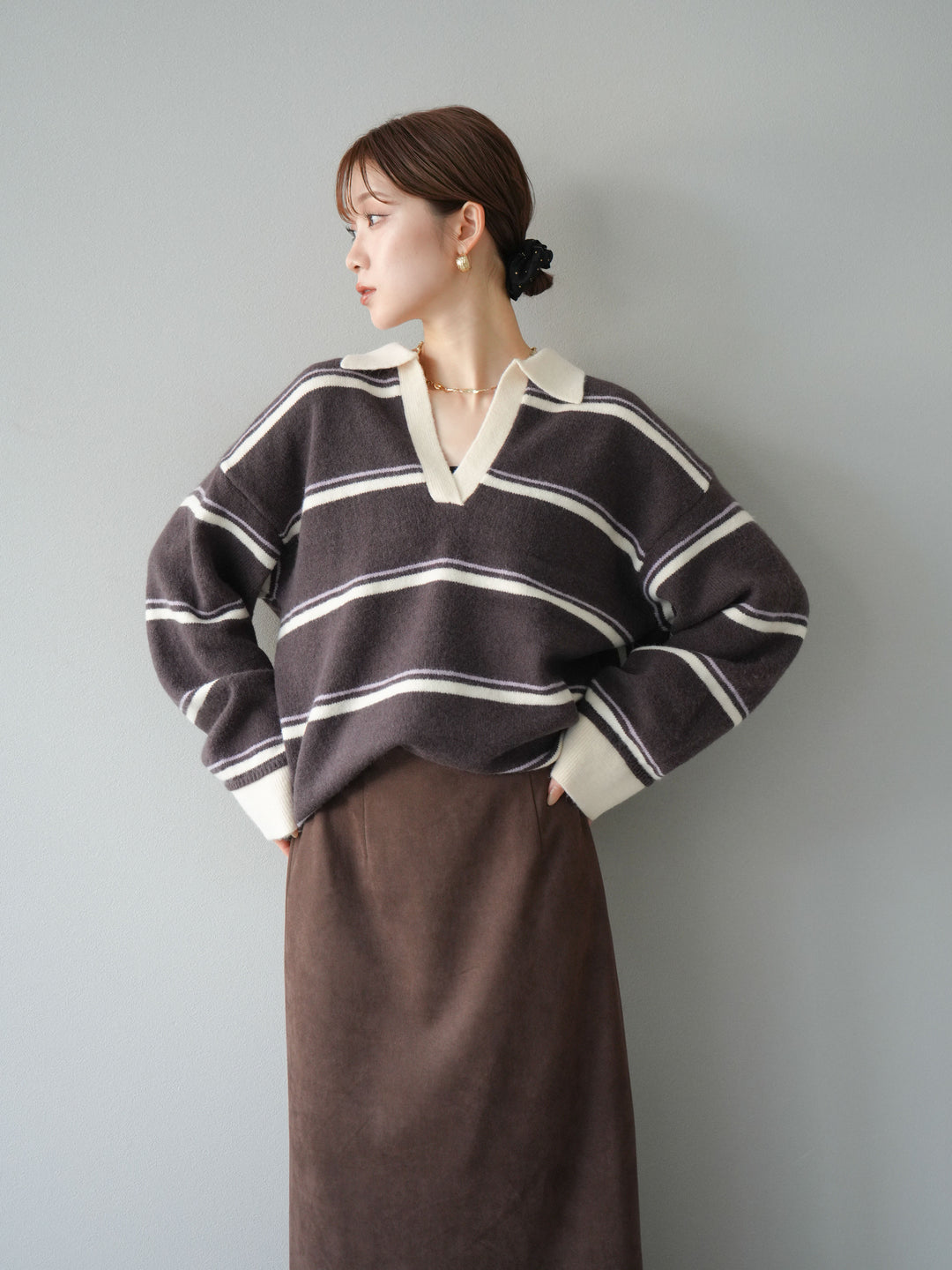 [SET]ポロ襟スキッパーボーダーニットプルオーバー+スウェードIラインスカート(2set)