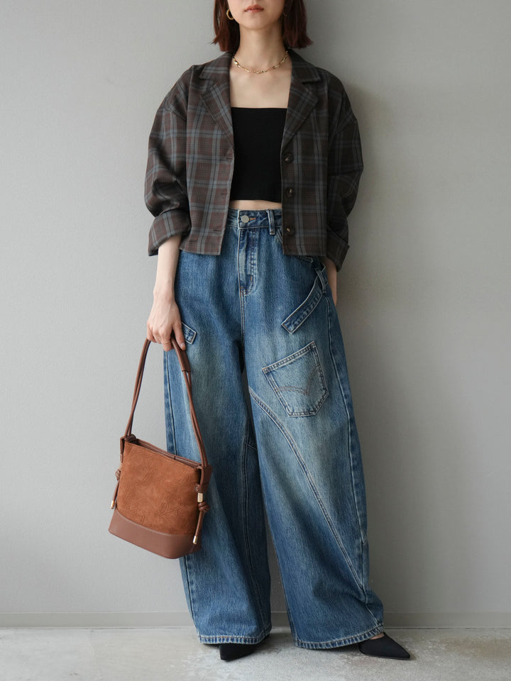 [予約]チェック柄ショートジャケット/ブラウン