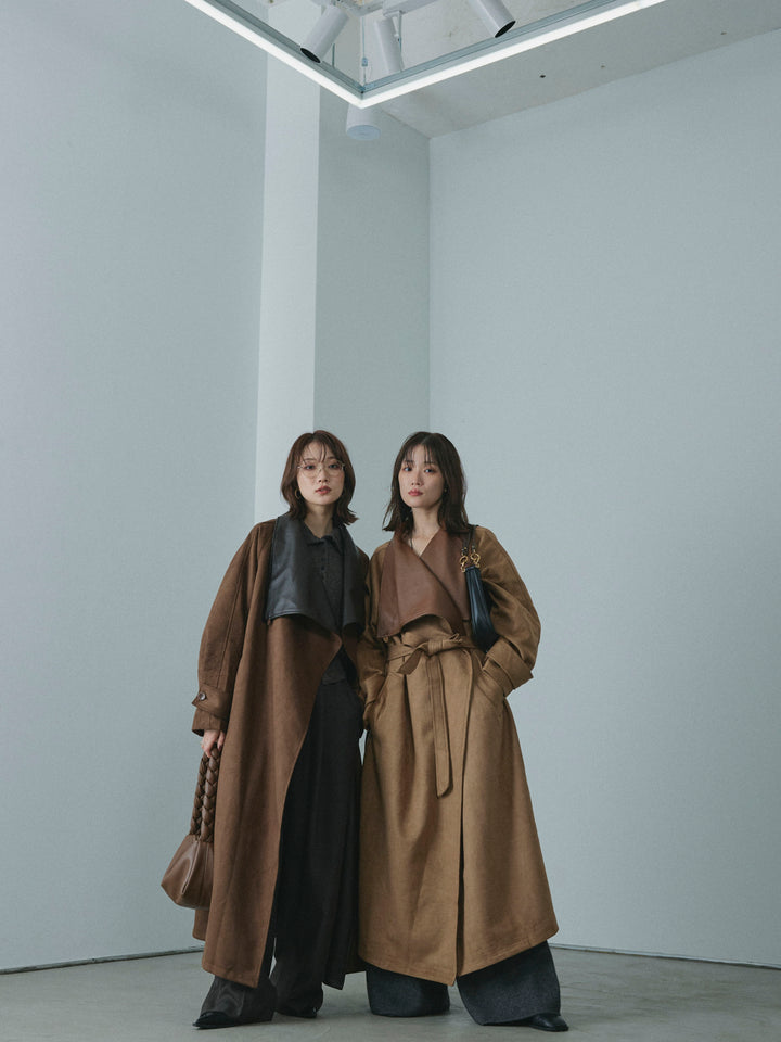 【Allure】[SET]ニットベアトップ＆ワイドパンツSET UP+レザーカラースウェードロングコート(2set)