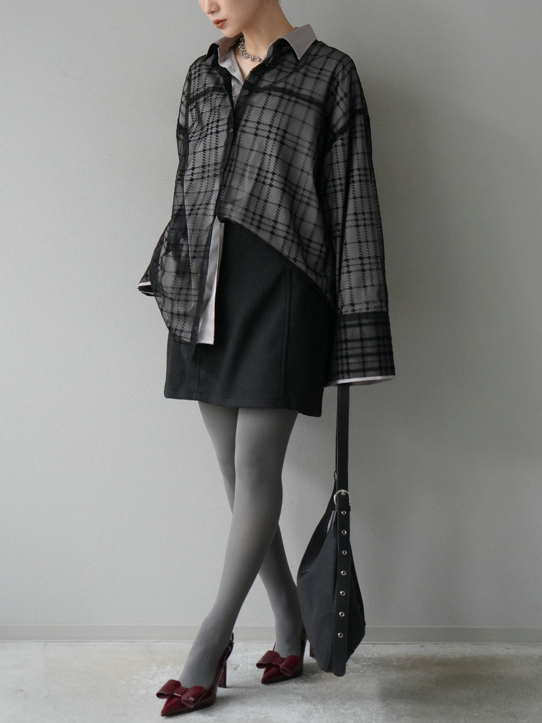 [予約]チェック柄チュールシャツアンサンブル/ブラック