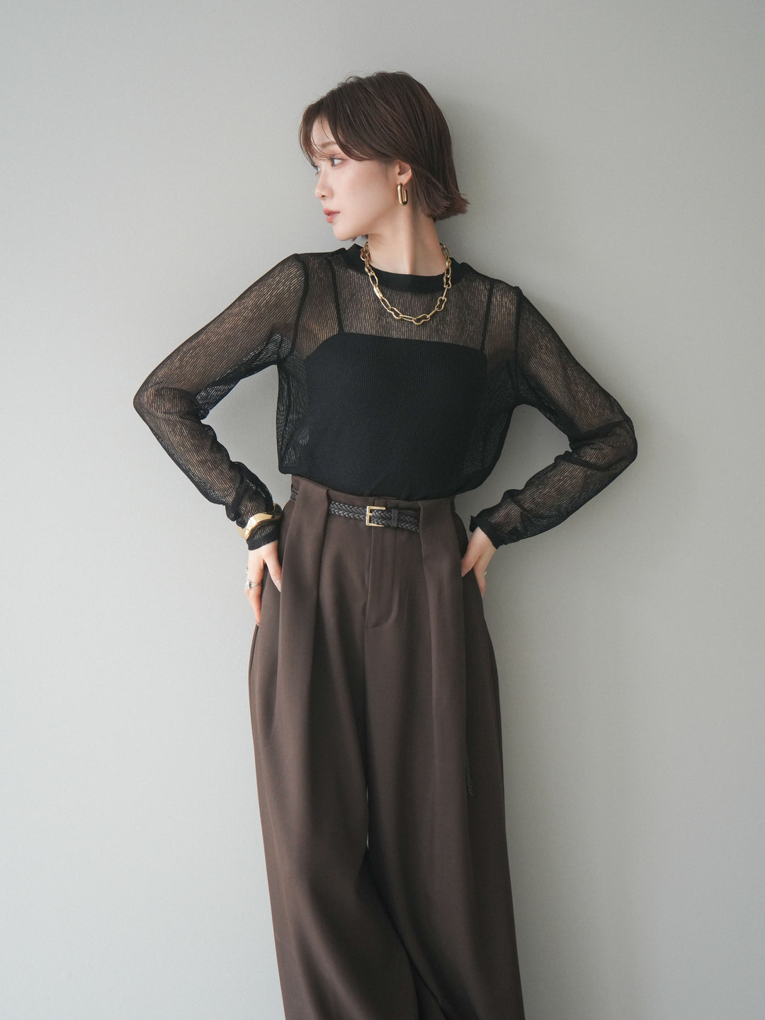 [SET]シアーストライプメッシュトップス+ドレープタックベルトループパンツ(2set)