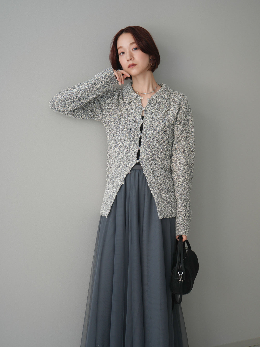 [SET]透かし編みブークレポロニットトップス+チュールボリュームスカート(2set)