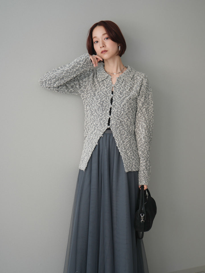 [SET]透かし編みブークレポロニットトップス+チュールボリュームスカート(2set)