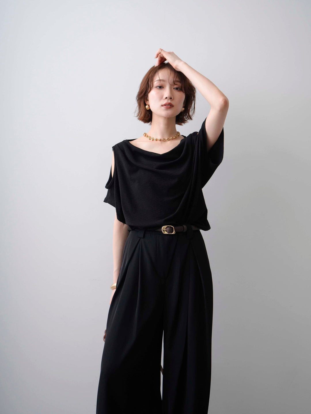 [予約]オープンショルダードルマンカットソー/black