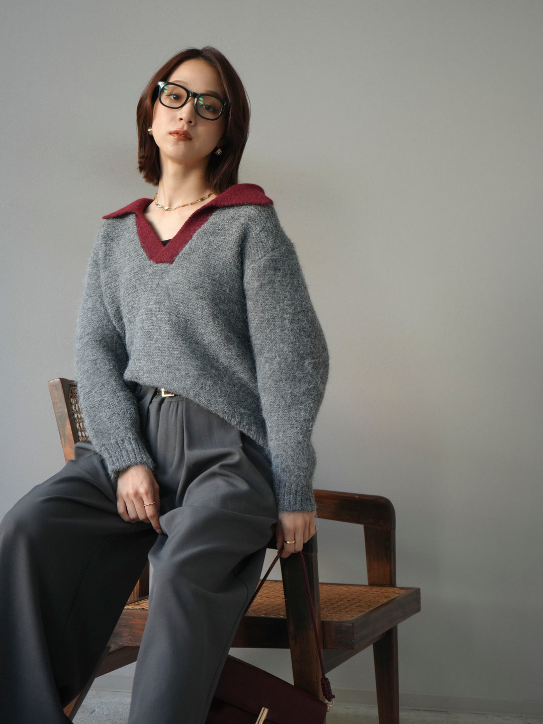 [SET]バイカラー襟付きニットプルオーバー+ベルトループデザインワイドパンツ(2set)