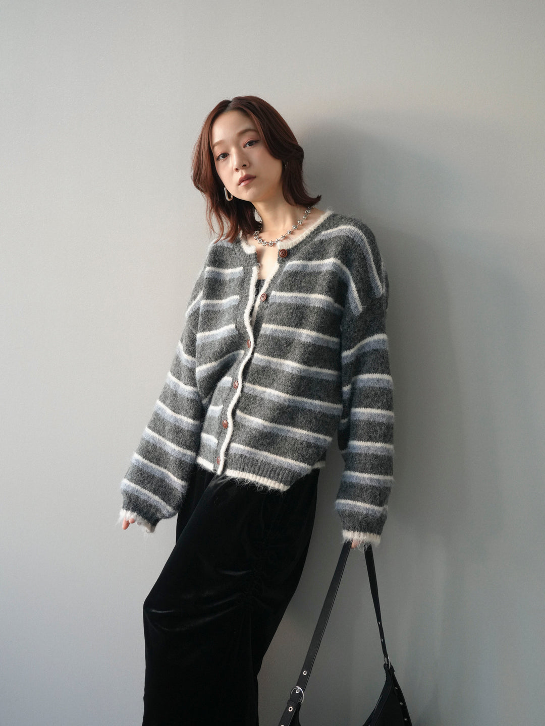 [SET]ウールタッチ配色ボーダーニットカーディガン+ウールタッチ配色ボーダーニットカーディガン(2set)