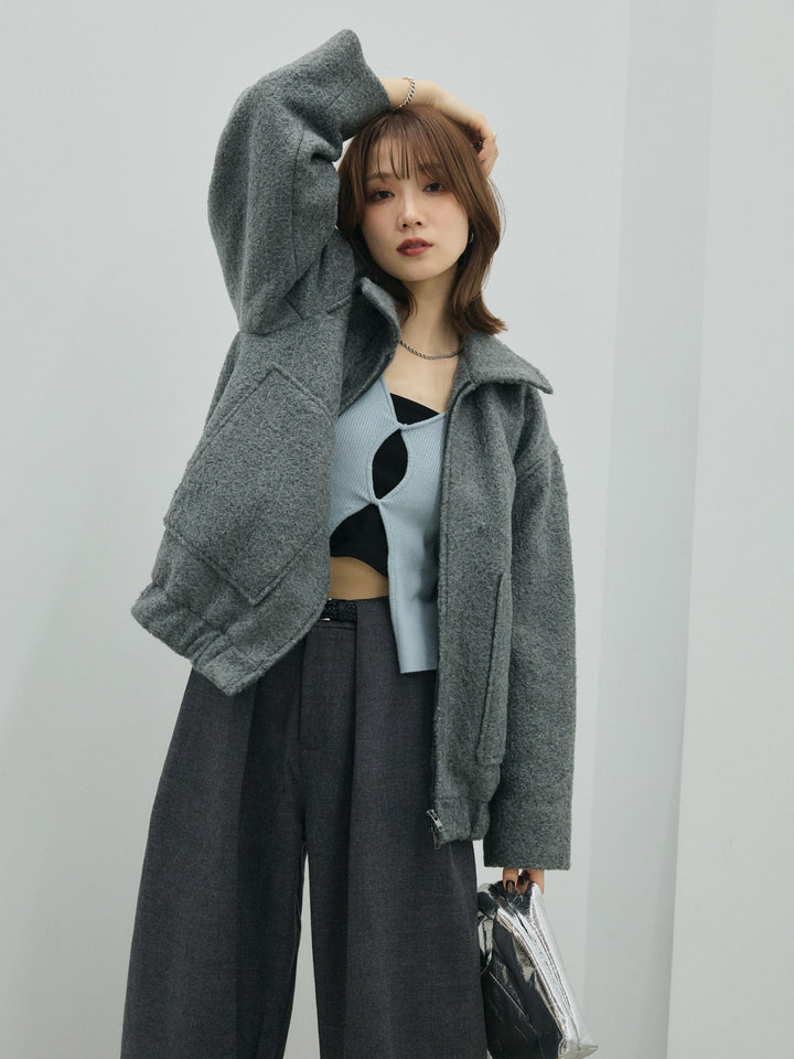 【Allure】[SET]スタンドカラーシャギーフライトジャケット+フロントツイストホールリブニットトップス(2set)