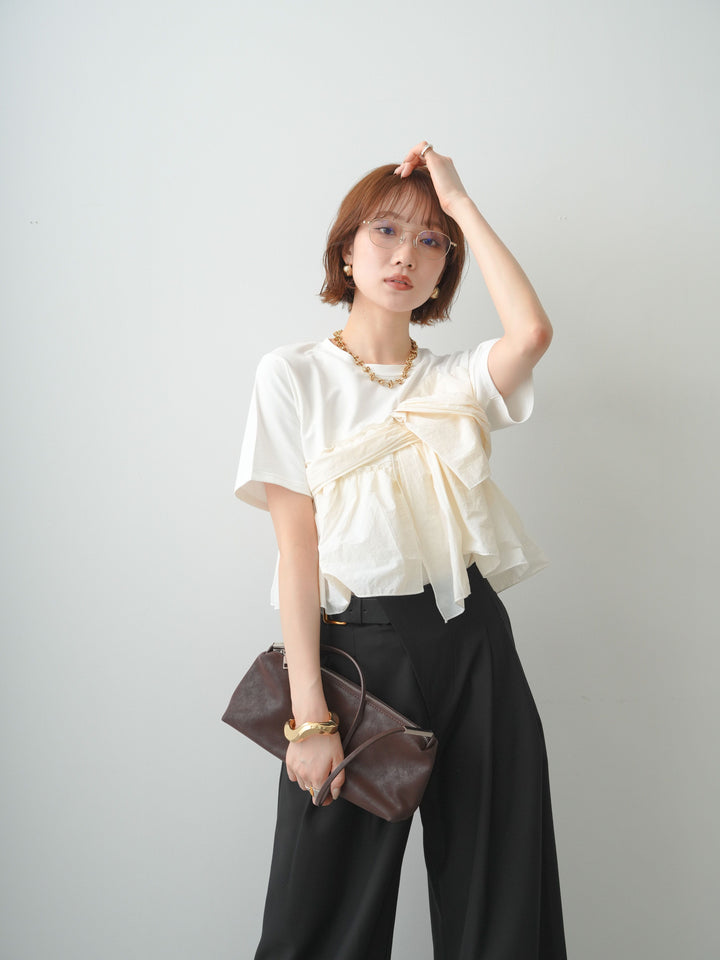 [SET]ナイロンドッキングツイストTEE +アシンメトリーベルトタックワイドパンツ(2set)