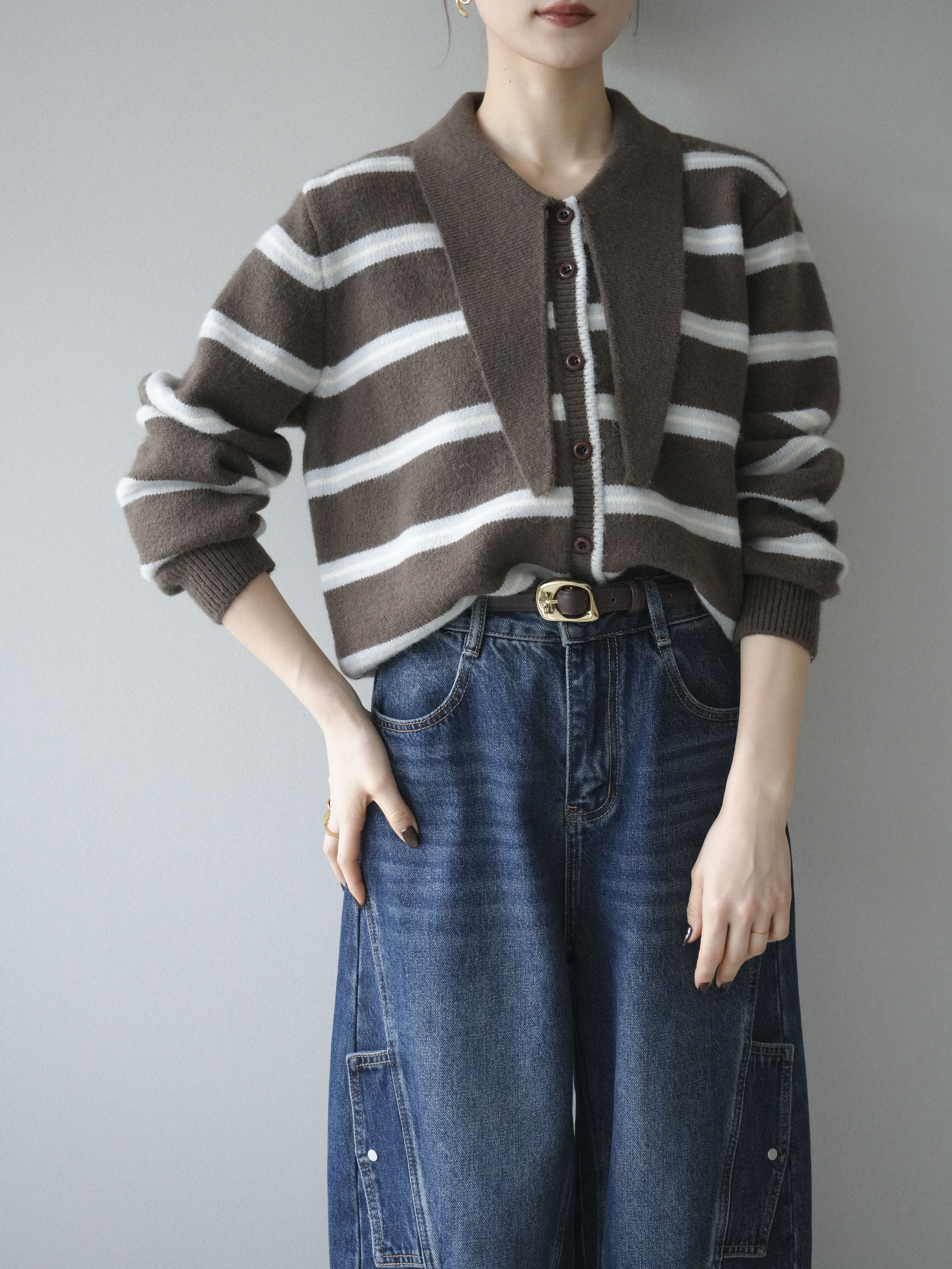 予約]ボウタイボーダーニットカーディガン/brown – Lumier