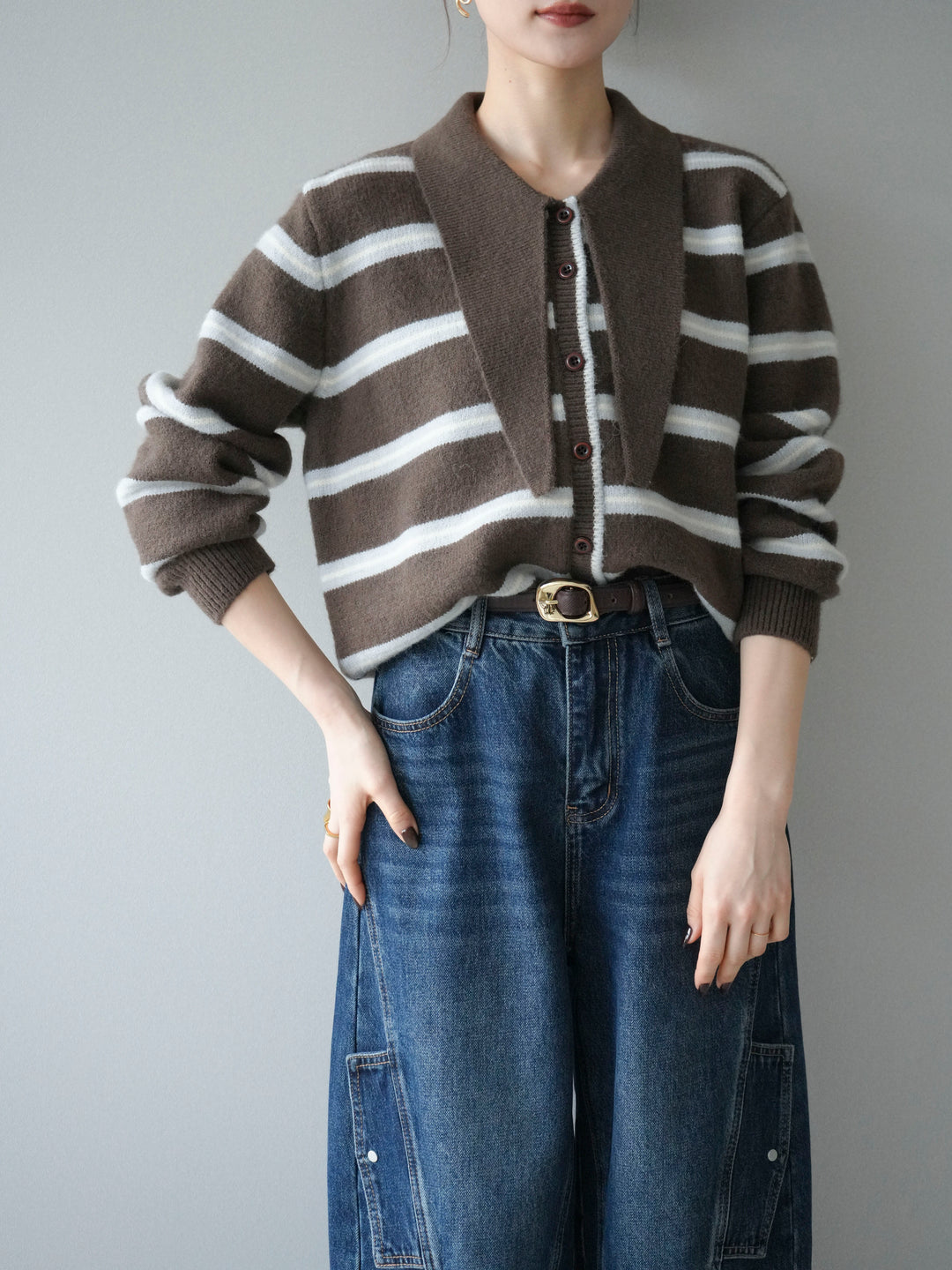 [予約]ボウタイボーダーニットカーディガン/brown
