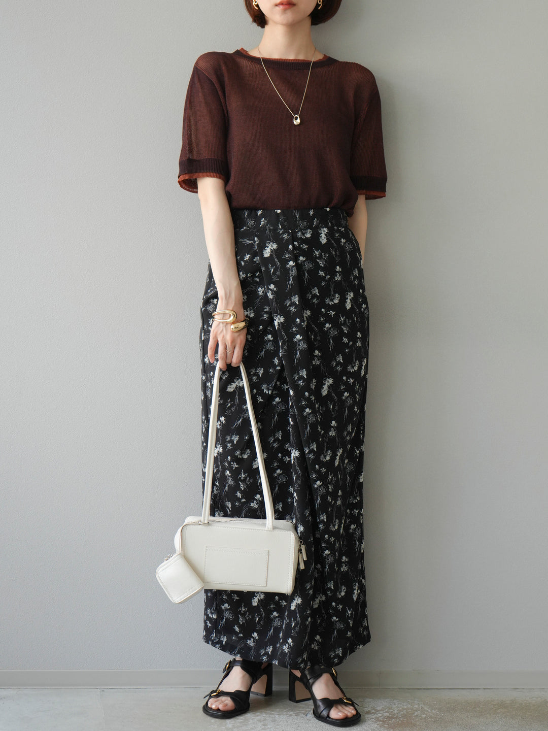 [SET]リネンタッチ配色二重臼ハーフニットトップス+選べるアソート柄スカートセット(2set)