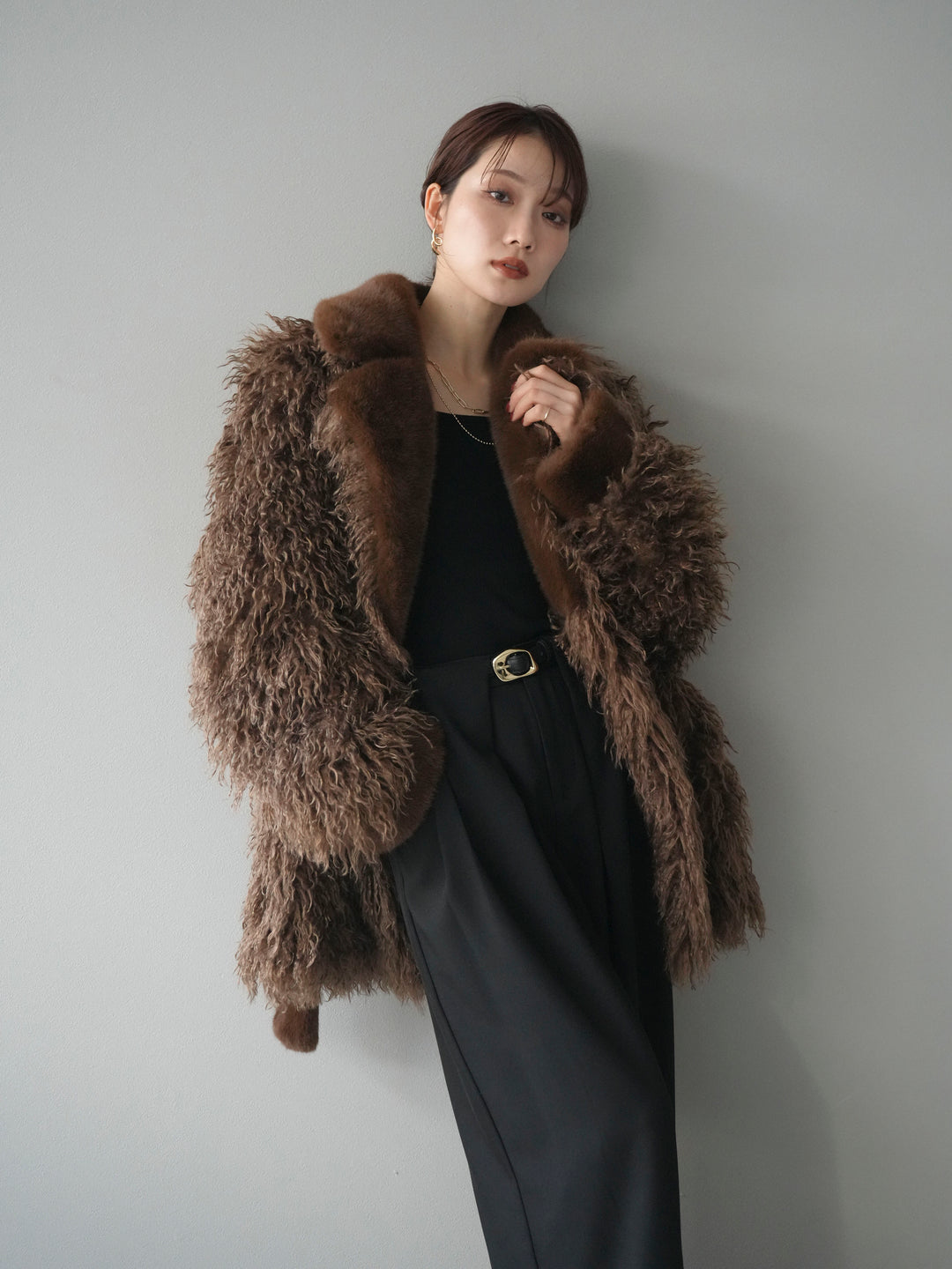 [予約]異素材ファー×ムートンコート/brown
