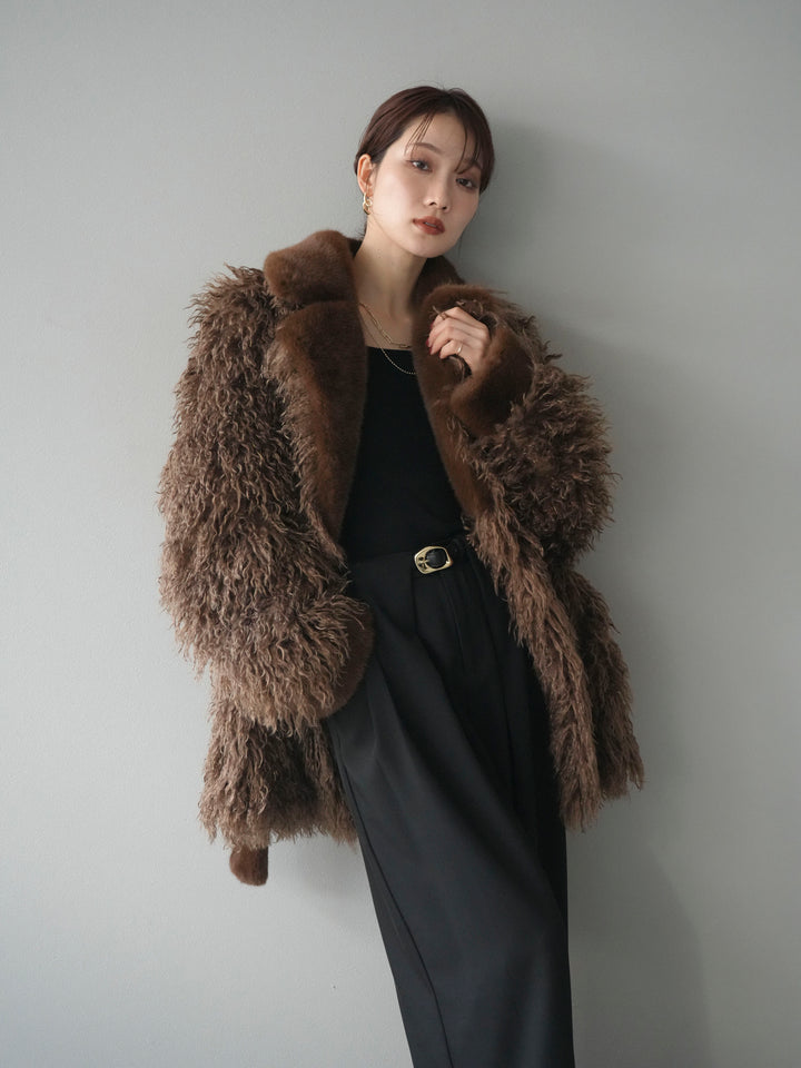 [予約]異素材ファー×ムートンコート/brown