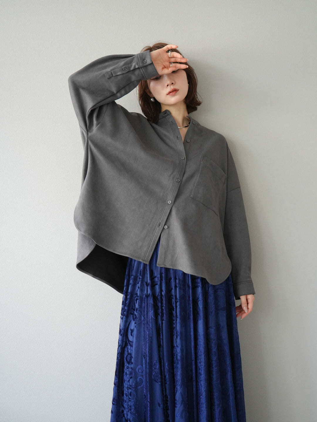 [予約]スエードバンドカラーオーバーシャツ/チャコール