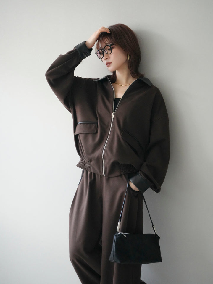 [予約]レザー襟配色パイピングブルゾン/brown