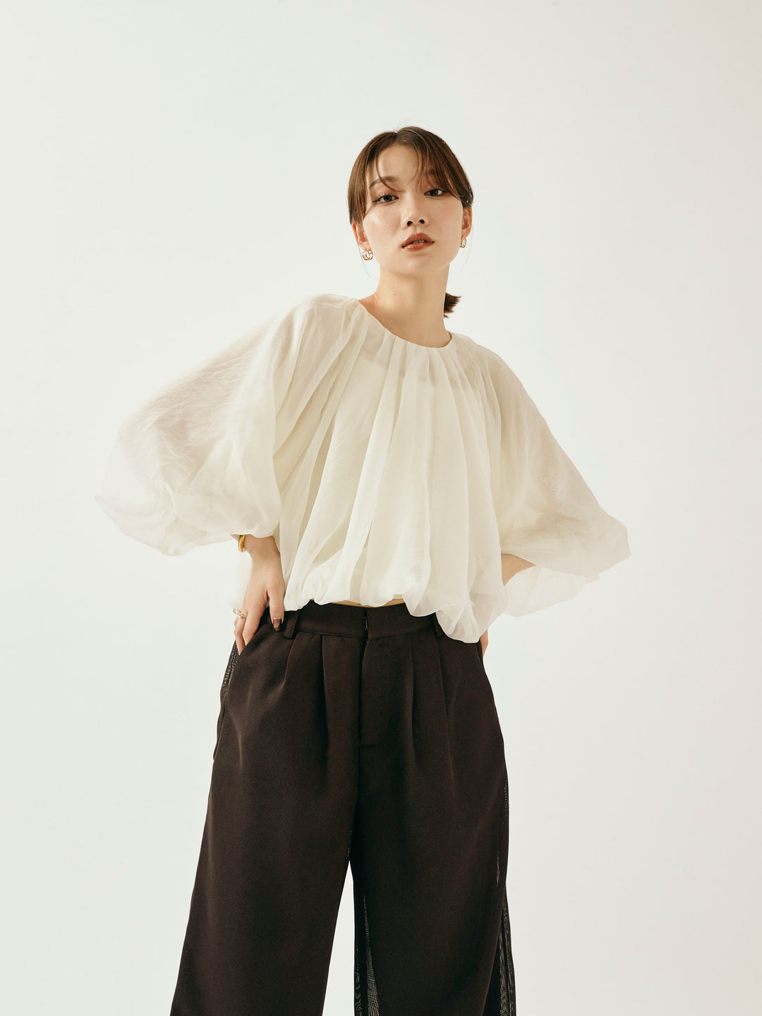 【Allure】[SET]オーガンジーバルーンショートブラウス+オーガンジーバルーンショートブラウス(2set)