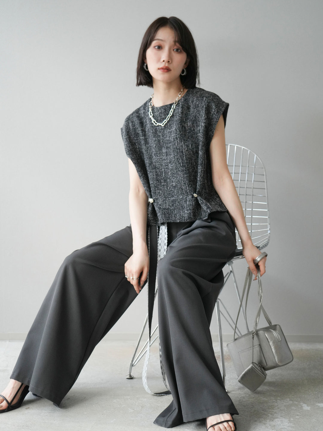 [予約]サマーツイードぺプラムブラウス/ブラックホワイト