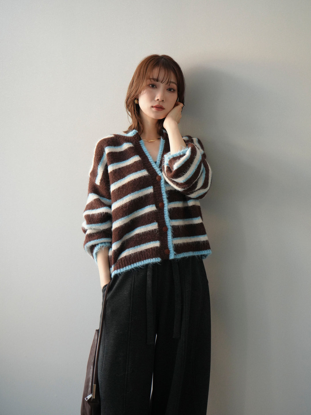 [予約]ウールタッチ配色ボーダーニットカーディガン/brown