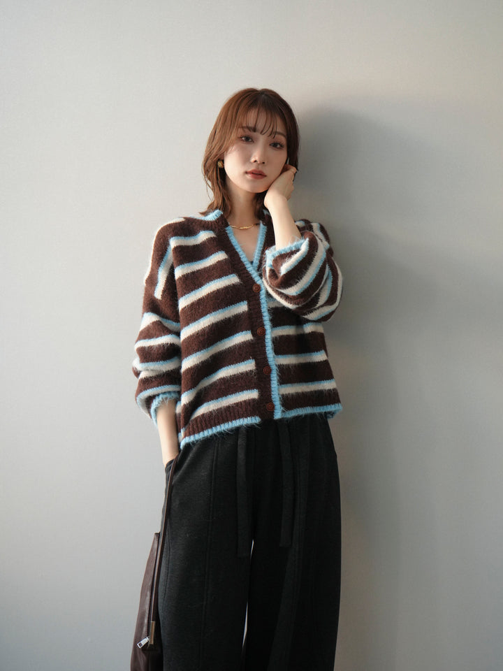 [予約]ウールタッチ配色ボーダーニットカーディガン/brown