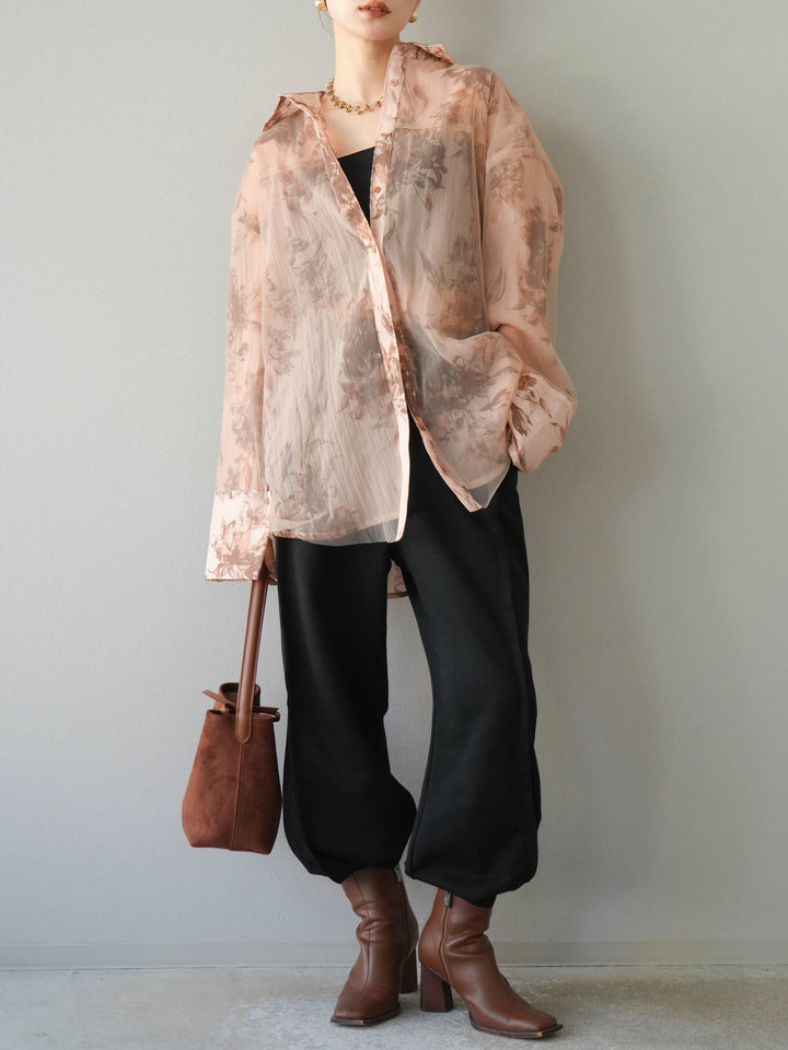 [予約]チュールドッキングフラワー柄オーバーサイズシャツ/ブラウン
