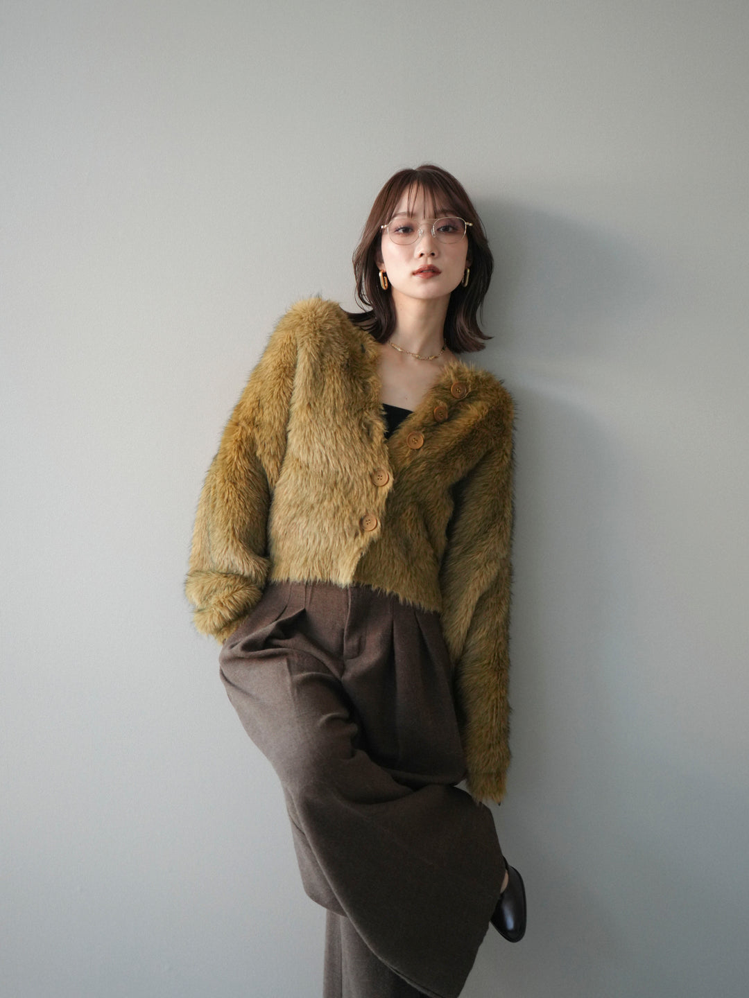 [予約]ミックスシャギーショートニットカーディガン/green