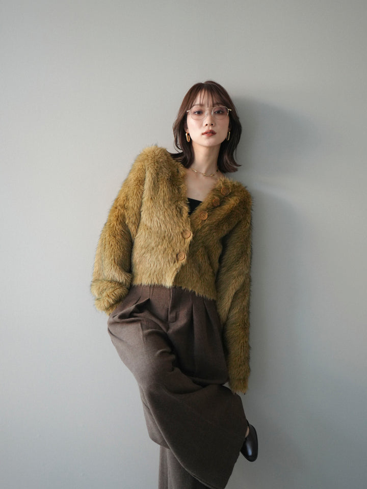 [予約]ミックスシャギーショートニットカーディガン/green