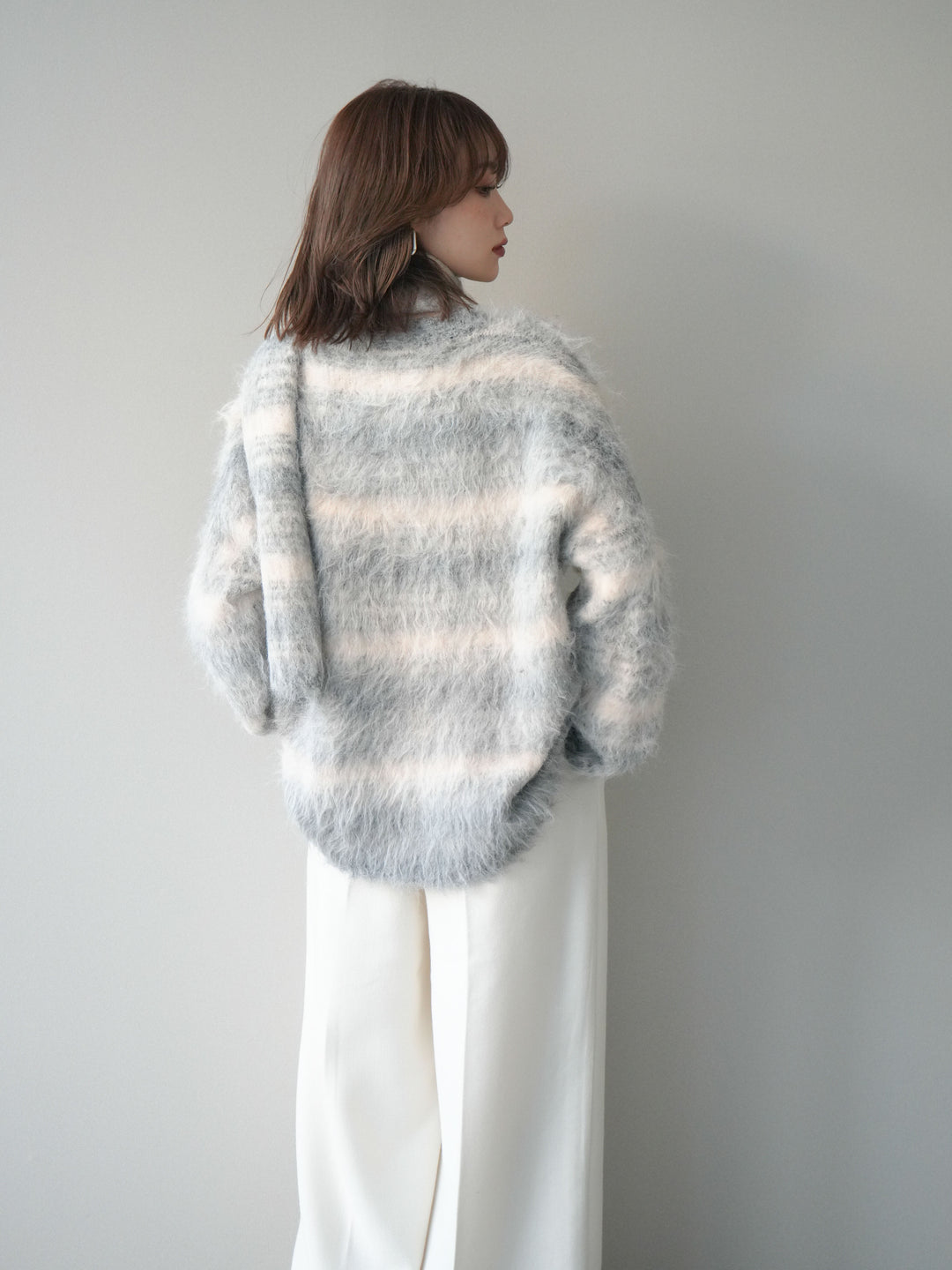 [予約]ストール付シャギーマルチボーダーニットプルオーバー/gray