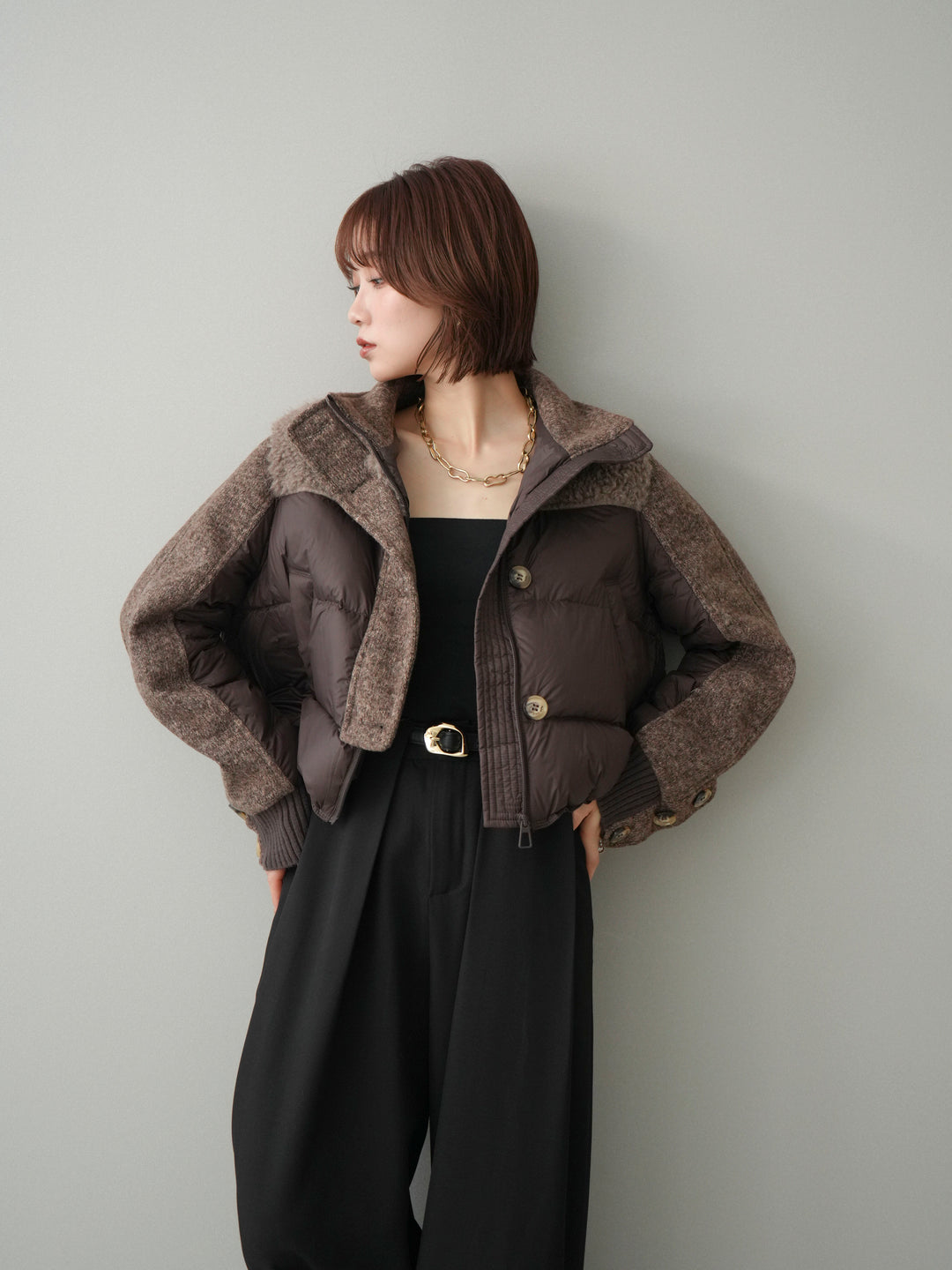 [SET]異素材ダウンジャケット+ベルトループデザインワイドパンツ(2set)