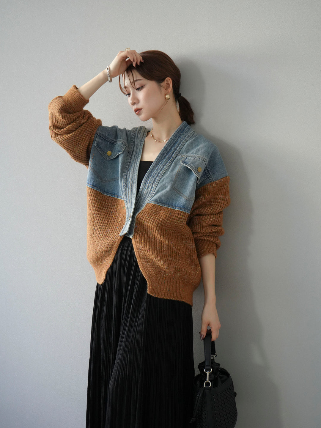 [予約]デニム切替ネップニットカーディガン/キャメル