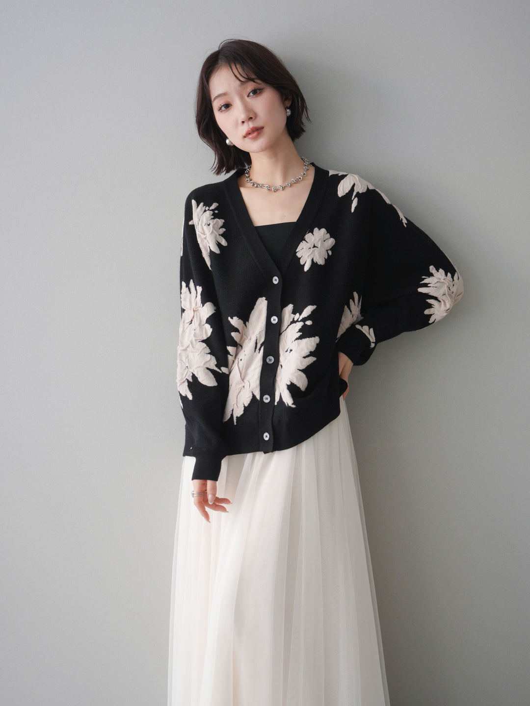 [SET]フラワージャガードニットカーディガン+フラワージャガードニットカーディガン(2set)