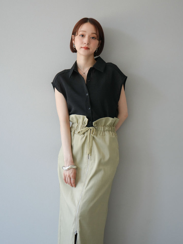 [SET]シアーチェックノースリーブシャツ+ヘザーエステルギャザージップスカート(2set)