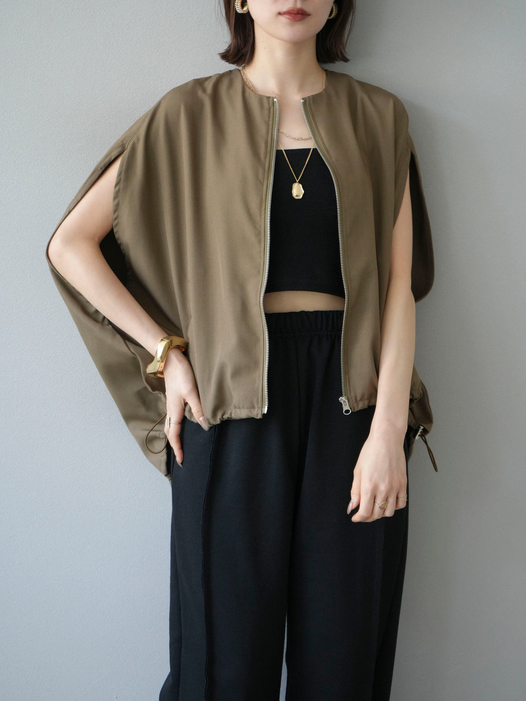 [予約]スリーブレスドロストZIPブルゾン/ブラウン