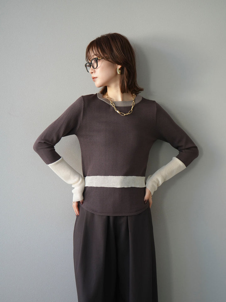 [予約]異素材配色デザインニットトップス/ブラウン