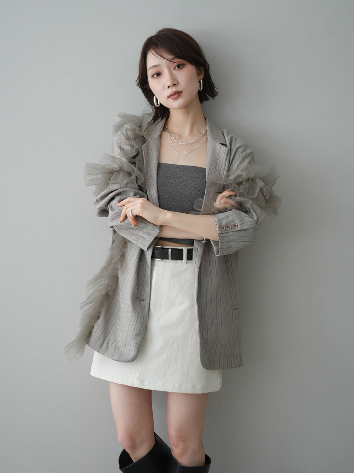 [予約]アシンメトリーチュールストライプジャケット/greige