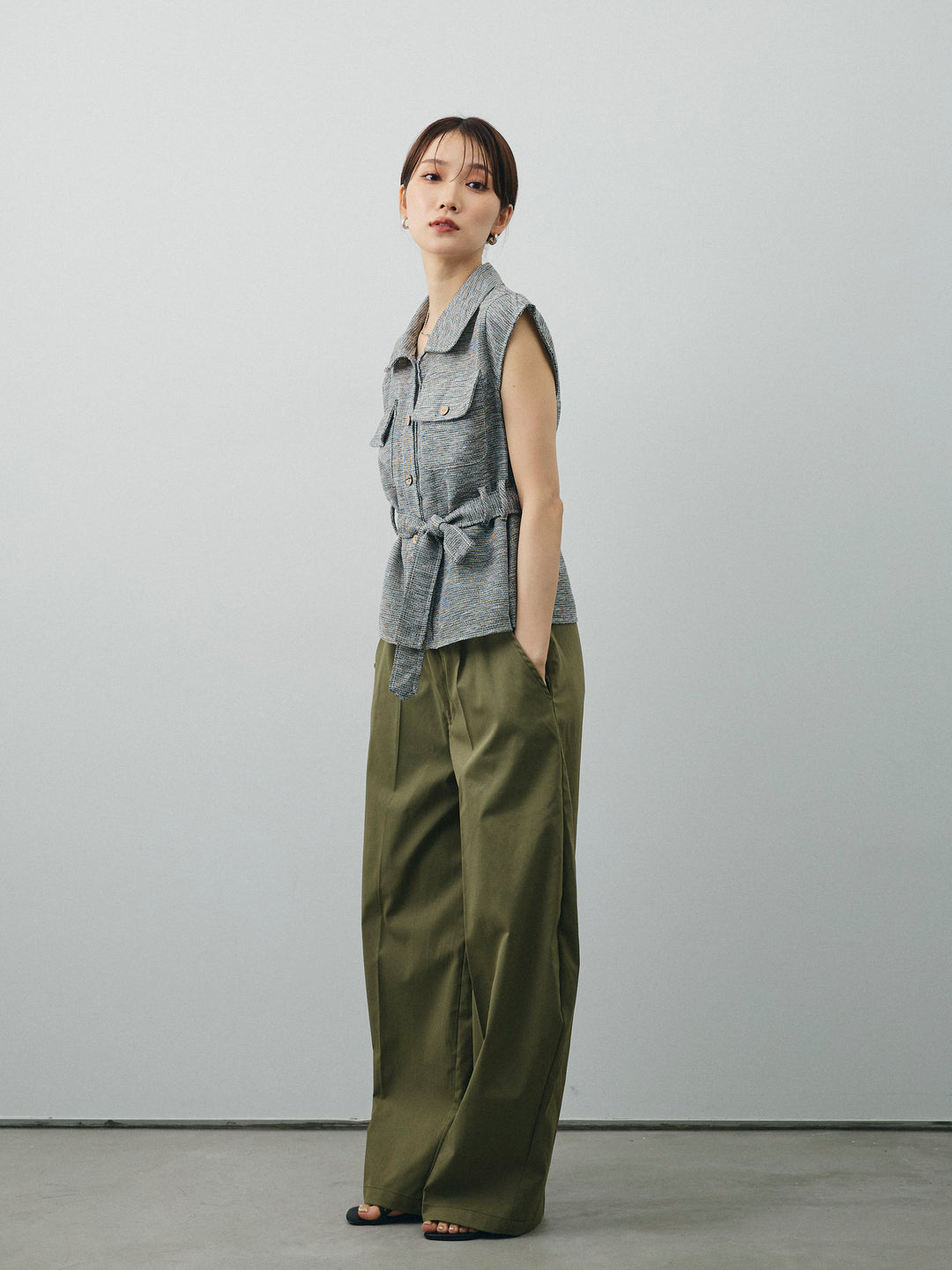 [SET]ミックスヤーンメッシュブラウス+コクーンワイドチノパンツ(2set)