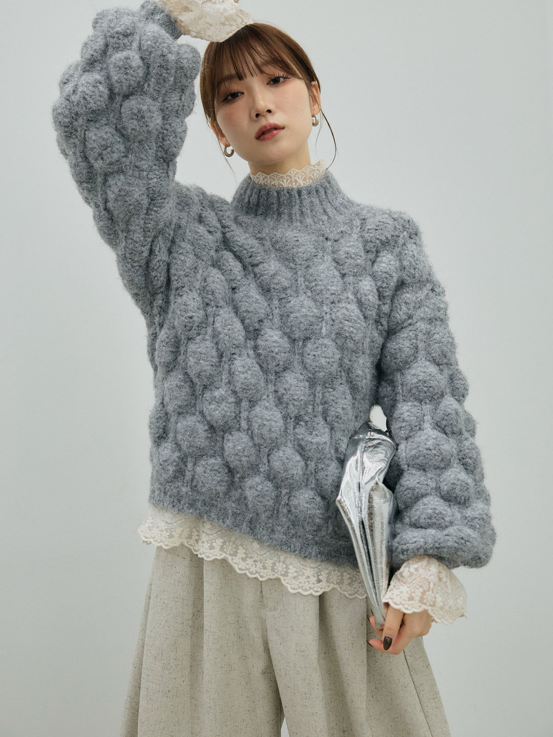 【Allure】[SET]ポップコーンハイネックニットプルオーバー+ポップコーンハイネックニットプルオーバー(2set)