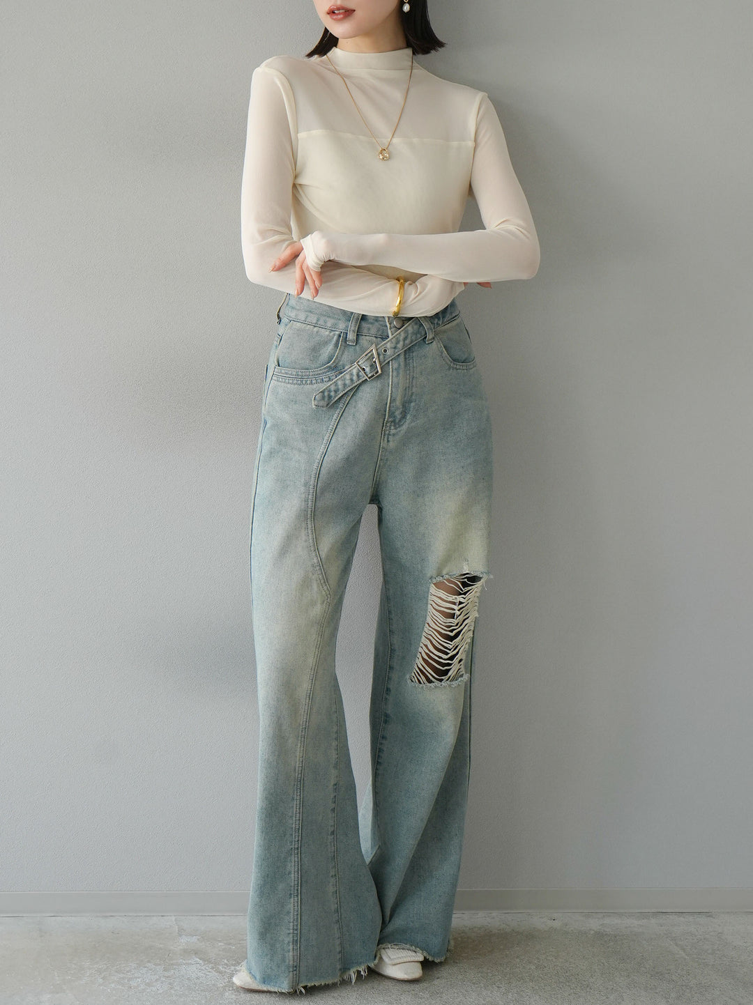 [SET]シアー切替ストレッチ長袖トップス+シアー切替ストレッチトップス(2set)