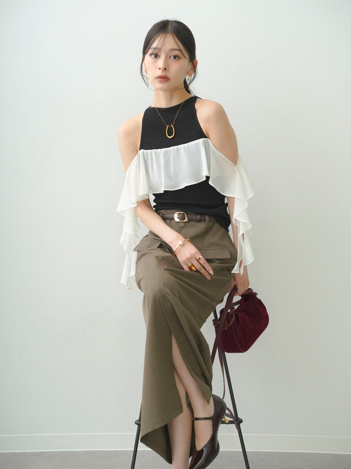 [SET]シフォンフリルドッキングノースリニットトップス+クレープデシンフラップ付きストレートスカート(2set)