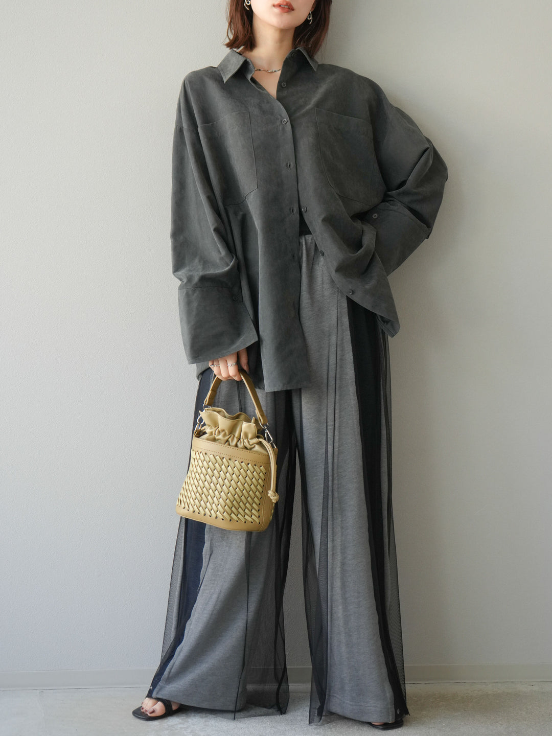 [予約]スエードライクBIGカフスオーバーシャツ/チャコール