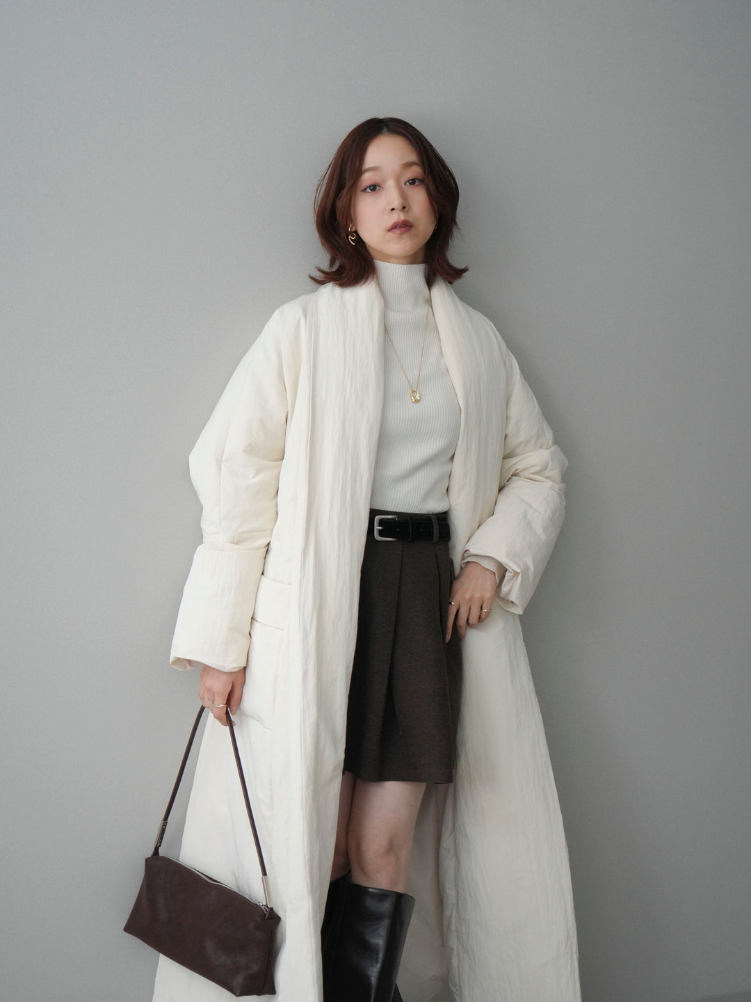 [SET]ロングダウンコート+ベルト付きタックミニスカート(2set)